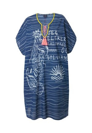 Túnica azul marino con patrones de olas blancos, ilustración de sirena y gráfico de sol. Acentuada con un escote de cuentas amarillas y un borlón rosa.