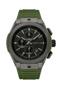 Cerruti 1881 chronograph laikrodis su juodu ciferblatu, žaliomis akcentais, nerūdijančio plieno korpusu ir žaliu guminiu dirželiu. Yra subciferblatai ir datos langelis.