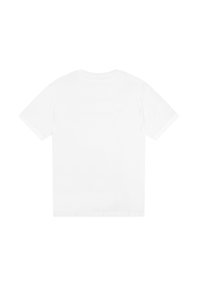 Camiseta de algodón blanca, de manga corta, cuello redondo, diseño sencillo sin gráficos ni patrones visibles, textura suave, corte estándar.