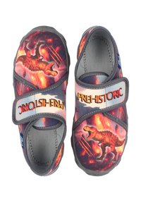 Chaussures pour enfants avec un imprimé de dinosaure préhistorique. Fabriquées en tissu respirant, avec des accents gris et des sangles Velcro ajustables.