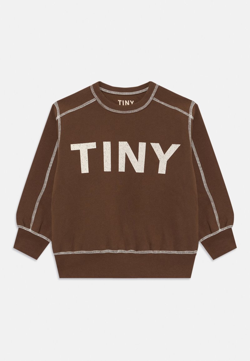 Brun sweatshirt med "TINY" trykt i hvidt på fronten. Har ribbet krave og manchetter, kontraststing og en afslappet pasform.