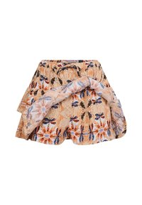 Pantaloni corti arancioni fluidi con un tessuto texturizzato, caratterizzati da un motivo floreale e di libellule in blu e nero, e una vita regolabile.
