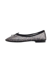 Leopard print flat shoe, made of sheer material with a black trim. Features a rounded toe and a small bow accent on the front.