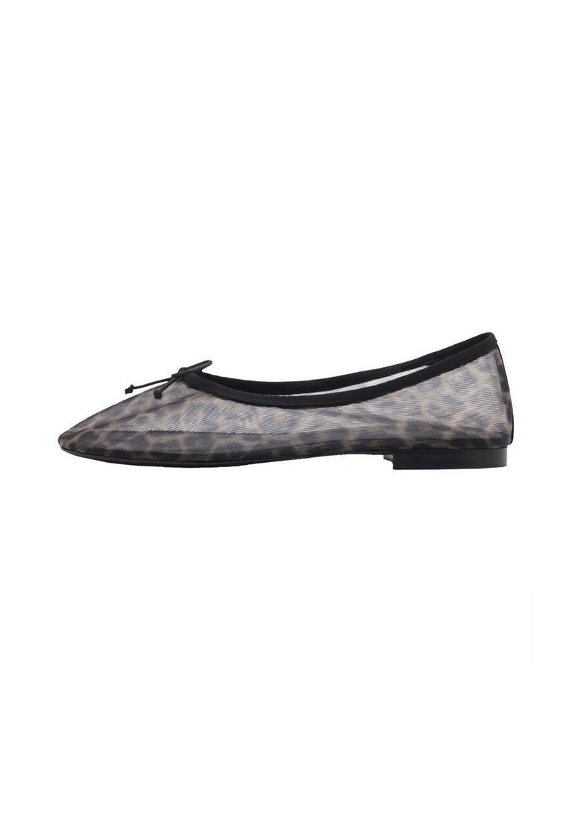 Leopard print flat shoe, made of sheer material with a black trim. Features a rounded toe and a small bow accent on the front.
