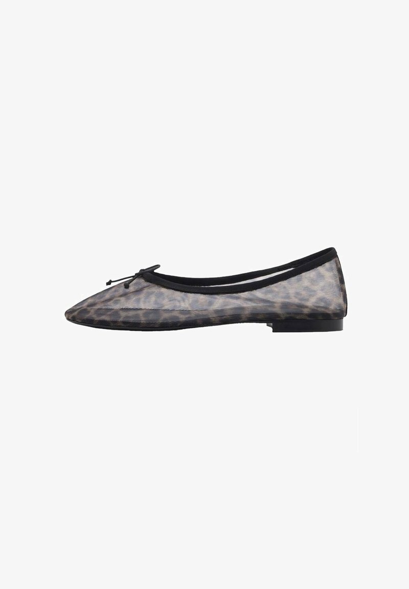 Leopard print flat shoe, made of sheer material with a black trim. Features a rounded toe and a small bow accent on the front.