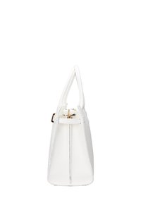 Borsa a mano bianca in pelle con forma strutturata, doppi manici, hardware dorato e cuciture distintive lungo i lati.