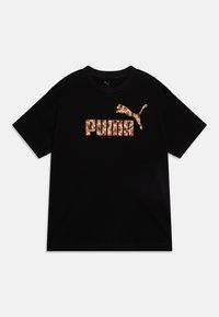 Čierne bavlnené tričko s výrazným leopardím vzorom a logom "PUMA" a skákajúcim pumovým grafickým motívom v odtieňoch oranžovej a hnedej. Krátke rukávy, okrúhly výstrih.
