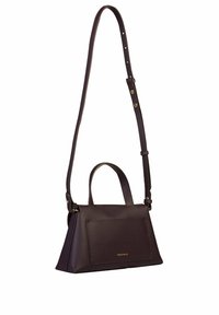 Borsa a mano in pelle viola scuro con una forma strutturata, manico superiore e tracolla regolabile. Dispone di una tasca frontale e dettaglio del logo dorato.