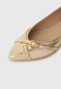 Pantofii plat metalici aurii au un vârf ascuțit, un design cu bretele încrucișate și două catarame aurii, având o textură de piele netedă.