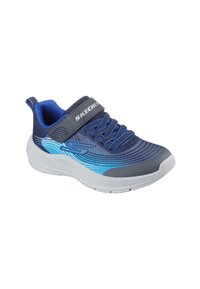 Scarpa sportiva blu navy con parte superiore in rete traspirante, dettagli grigi, lacci elasticizzati e cinturino regolabile. Suola texture per la presa.