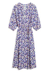 Kukkakirjallinen midi-mekko, jossa on väljät, pallomaiset hihat, V-pääntie ja solmittava vyötärö purppuran, vaaleanpunaisen ja vihreän sävyissä vaalealla taustalla.