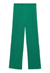 Groene wijde plooibroek met elastische tailleband; gladde textuur en consistente verticale plooien doorheen de stof.