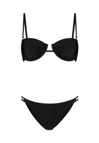 Čierne bikiny so štruktúrovaným, podšitým bandeau topom a tenkými ramienkami. Spodná časť má vysoký vystrih s bočnými výrezmi.