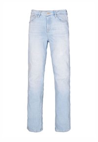 Jeans de mezclilla azul claro con un diseño de pierna recta, cinco bolsillos y un cierre de botón en la cintura. Desgaste mínimo en toda la prenda.