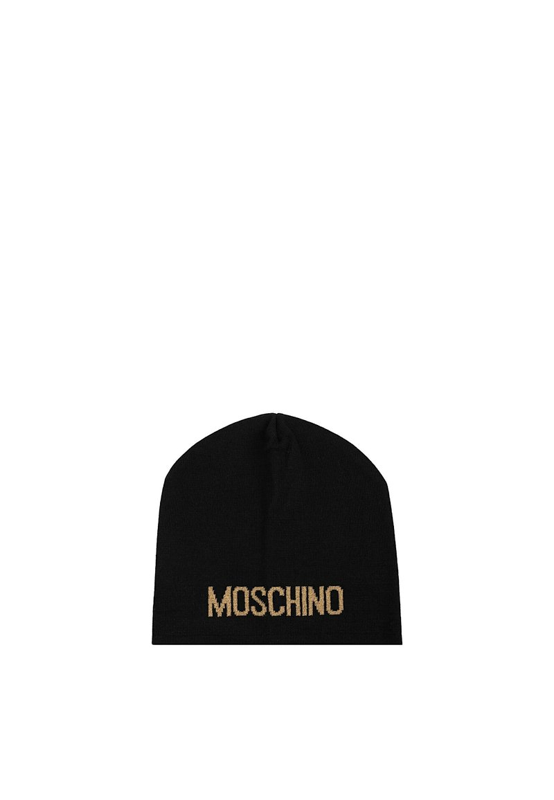 Berretto di lana nera con la scritta "MOSCHINO" ricamata in oro. Presenta una parte superiore arrotondata e una vestibilità aderente, adatta per il freddo.