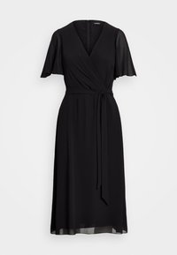 Black wrap dress made of lightweight fabric, featuring short flutter sleeves, a self-tie belt at the waist, and a knee-length hem.