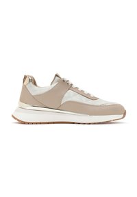 Beige leather sneaker with a quilted design, white accents, and a metallic heel detail. Features laces and a textured rubber sole.