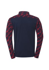 Langærmet skjorte med en ensfarvet marineblå krop og røde abstrakte mønstre på ærmerne. Fremstillet af glat stof med lynlås krave design.