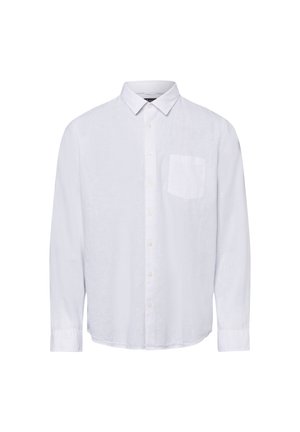 Weißes Langarmhemd aus Leinen, mit einem Button-Down-Kragen, einer Knopfleiste vorne und einer einzelnen Brusttasche. Glatte Textur.