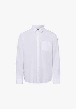 White long-sleeve shirt made of linen, featuring a button-down collar, front button closure, and a single chest pocket. Smooth texture.