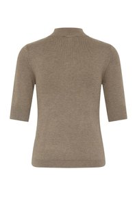 Krótki sweter z dzianiny w kolorze taupe z krótkim rękawem, z wysokim kołnierzem, prążkowanymi mankietami i gładką teksturą, wyświetlony z tyłu.