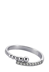 Bague en argent présentant une bande lisse, trois accents sphériques et une rangée de petites pierres claires le long d'un côté.