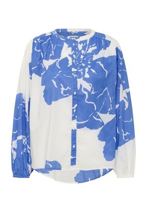 Blouse blanche à manches longues avec un grand imprimé floral abstrait bleu, encolure ronde, devant à boutons et poignets élastiques.