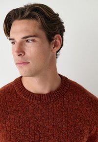 Rūdžių spalvos megztinis su raštuota tekstūra ir ribuotu apvaliu kaklu. Minkšta medžiaga, prigludusi prie kūno.