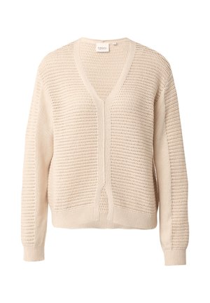 Beige gebreide cardigan met V-hals, open voorkant, lange mouwen en een textuurpatroon van het merk Comma.