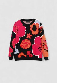 Maglione lavorato a maglia con audaci motivi floreali in rosa, rosso, arancione e blu su uno sfondo nero. Collo rotondo e maniche lunghe.