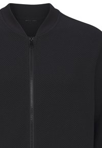 Black bomber jacket with a textured knit fabric, featuring a ribbed collar, long sleeves, and a full-length zipper at the front.