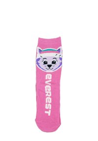 Calcetín de tobillo rosa con una cara de lobo caricaturesca blanca y la palabra "Everest" en blanco, con un patrón de punto texturizado.