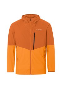 Veste légère bicolore orange avec capuche, dotée d'une poche poitrine zippée et de poignets élastiques. Fabriquée en matériau résistant à l'eau.