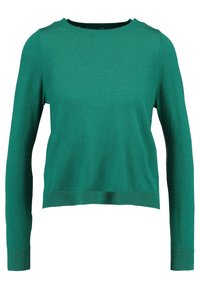 Grönt stickat tröja med långa ärmar, rund halsringning, ribbade muddar och nederkant, med en slät yta och en något kortare design.