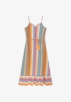 Ärmelloses Midikleid mit mehrfarbigen vertikalen Streifen, geometrischen Mustern, dünnen Trägern und einem gebundenen Taillengürtel mit Quasten.