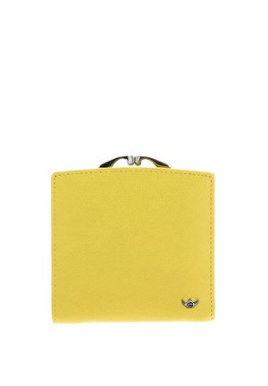 Yellow leather wallet with metal clasp and small silver emblem in the bottom right corner on white background.