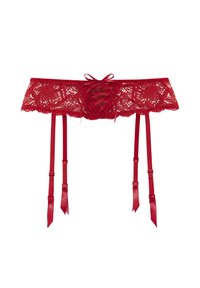 Gaine en dentelle rouge avec motifs floraux, rubans en satin et sangles ajustables. Comprend un détail de laçage central de style corset.