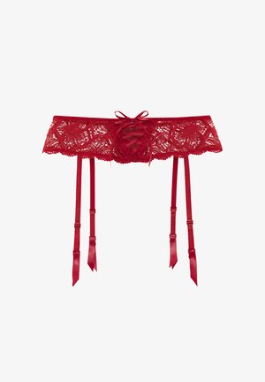 Roter Spitzenstrumpfhalter mit Blumenmustern, satinierten Bändern und verstellbaren Trägern. Verfügt über ein zentrales Schnürdetail im Korsett-Stil.