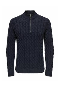 Marineblauer Kabelstrickpullover mit halbem Reißverschluss, gerippten Bündchen und Saum. Strukturiertes Muster über das gesamte Kleidungsstück.