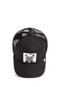 Black trucker-style cap with a mesh back, featuring a front patch with an illustration of a French Bulldog and the text "FRENCHIE."