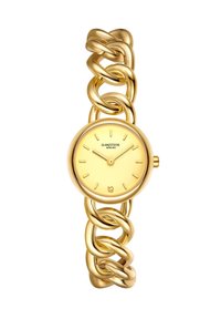 Reloj de muñeca en tono dorado con una esfera redonda, pulsera de cadena enlazada y marcadores de horas minimalistas. Acabado suave y brillante con un diseño simple.
