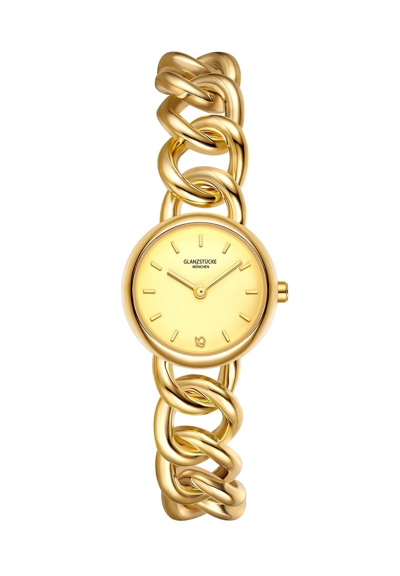 Reloj de muñeca en tono dorado con una esfera redonda, pulsera de cadena enlazada y marcadores de horas minimalistas. Acabado suave y brillante con un diseño simple.