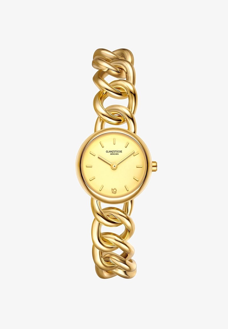 Kuldne randmekell ümmarguse disainiga näidikuga, ahelavarre klaas ja minimalismi järgiv tunni märkide paigutus. Sile, läikiv viimistlus ja lihtne disain.