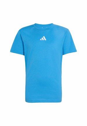 T-shirt di cotone blu con maniche corte, collo rotondo e logo bianco sul petto. Design semplice, texture liscia e vestibilità regolare.