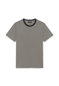 Trumpomis rankovėmis marškinėliai juodos ir smėlio spalvų dryžuotu raštu, apvali kaklo linija su tamsia apdaila, minkštos tekstūros audinys, įprasto silueto.