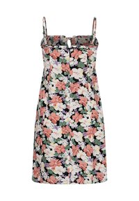 Sukienka w kwiaty z czarnym tłem, na którym znajdują się żywe różowe, białe i fioletowe kwiaty, regulowane ramiączka i detal w postaci dziurki na froncie.