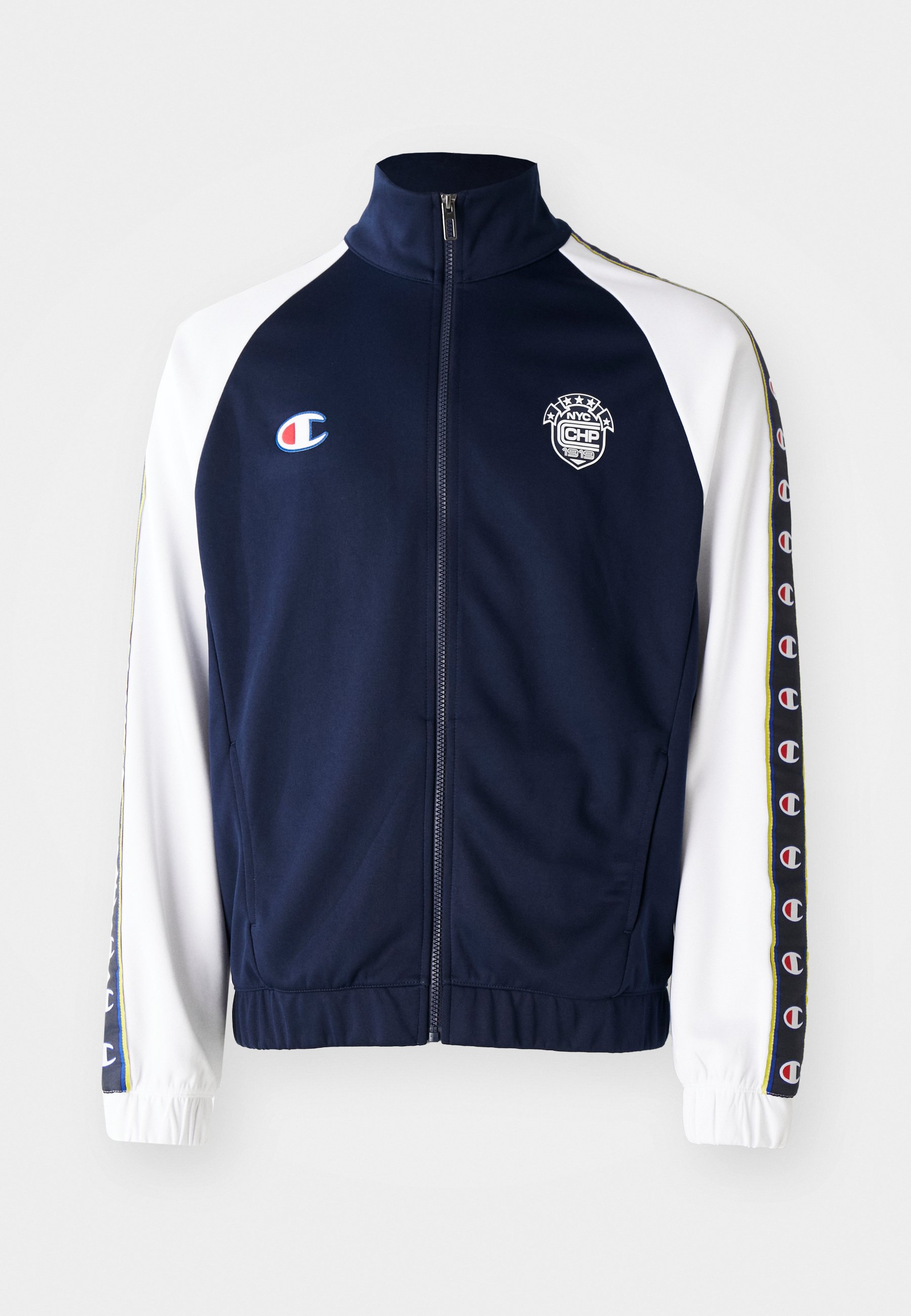 navy blue and white champion jacket