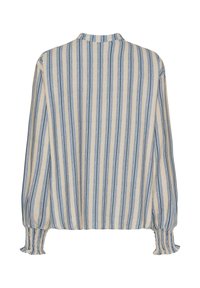 Langærmet skjorte med blå og beige lodrette striber, lavet af et letvægtsstof med rynkede manchetter og en ståkrave.