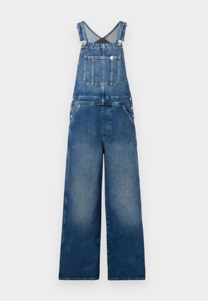 Denim overalls with wide legs, adjustable straps, a front pocket, and button details on the sides. Dark blue with faded accents.