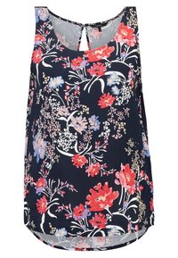 Top senza maniche con motivo floreale in blu navy, con fiori rossi, rosa e blu. Scollatura arrotondata e dettaglio a occhiello sul retro.